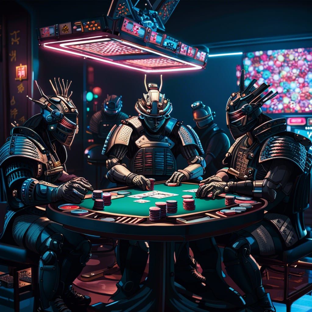 Cyberpunk Samurai Poker Masters Battle in Futuristic Casino