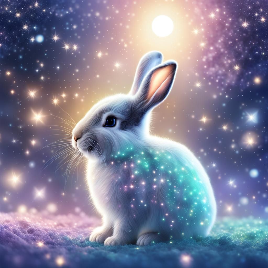 Whimsical Bunny on a Shimmering Moon in Pastel Hues