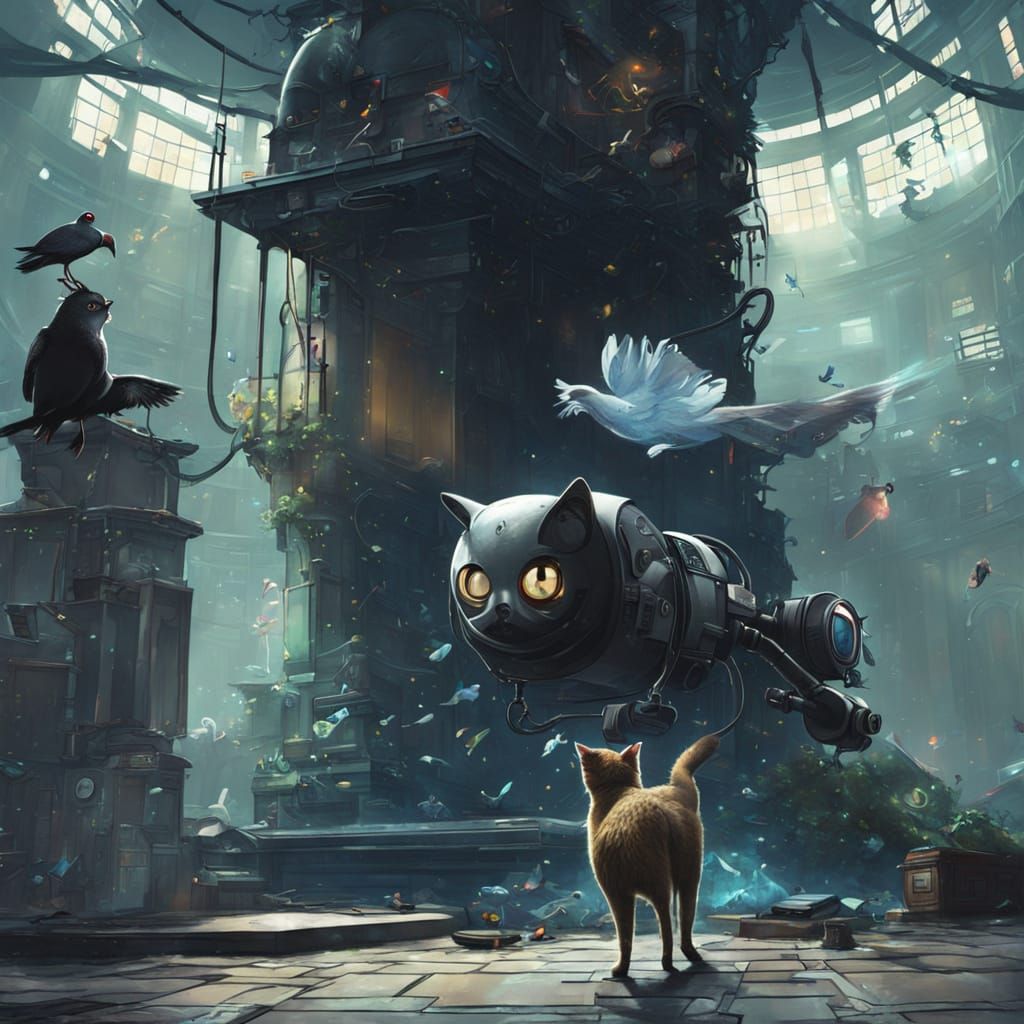 Cyberpunk Vacuum Chases Cat, Pigeon Pursues Statue