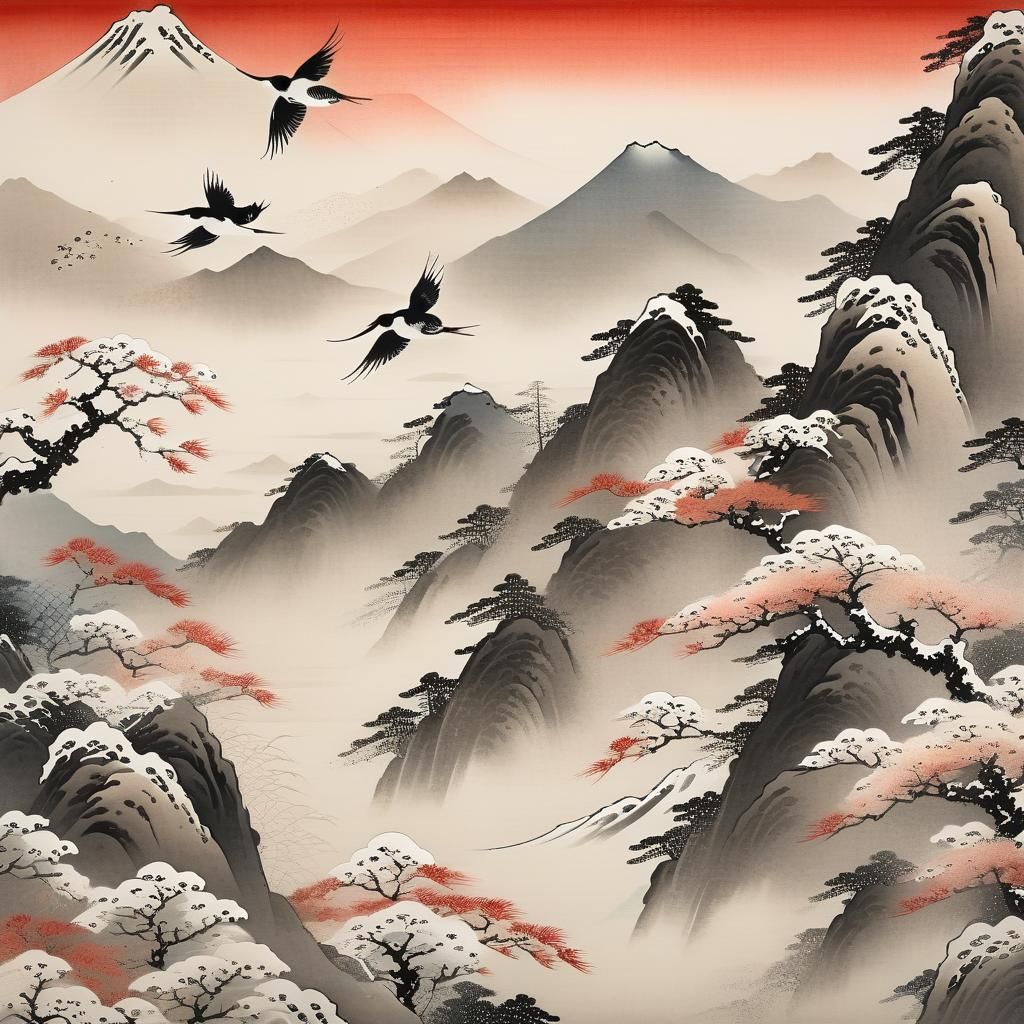 Elegant Birds in Snowy Ukiyo-e Landscape