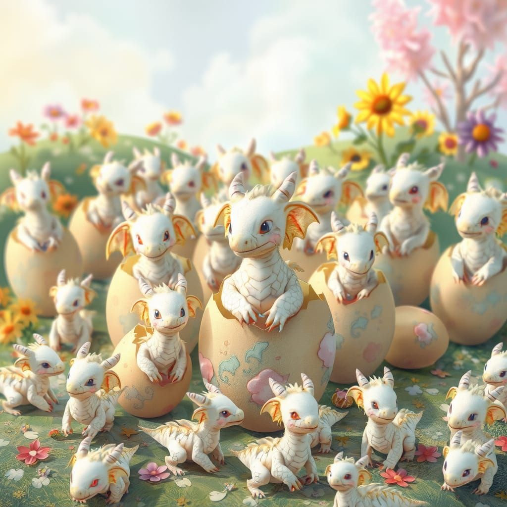 Whimsical White Dragons Hatching in Idyllic Wonderland