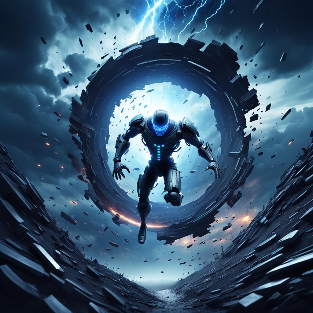 Cyberpunk Humanoid Levitates in Tornado Vortex