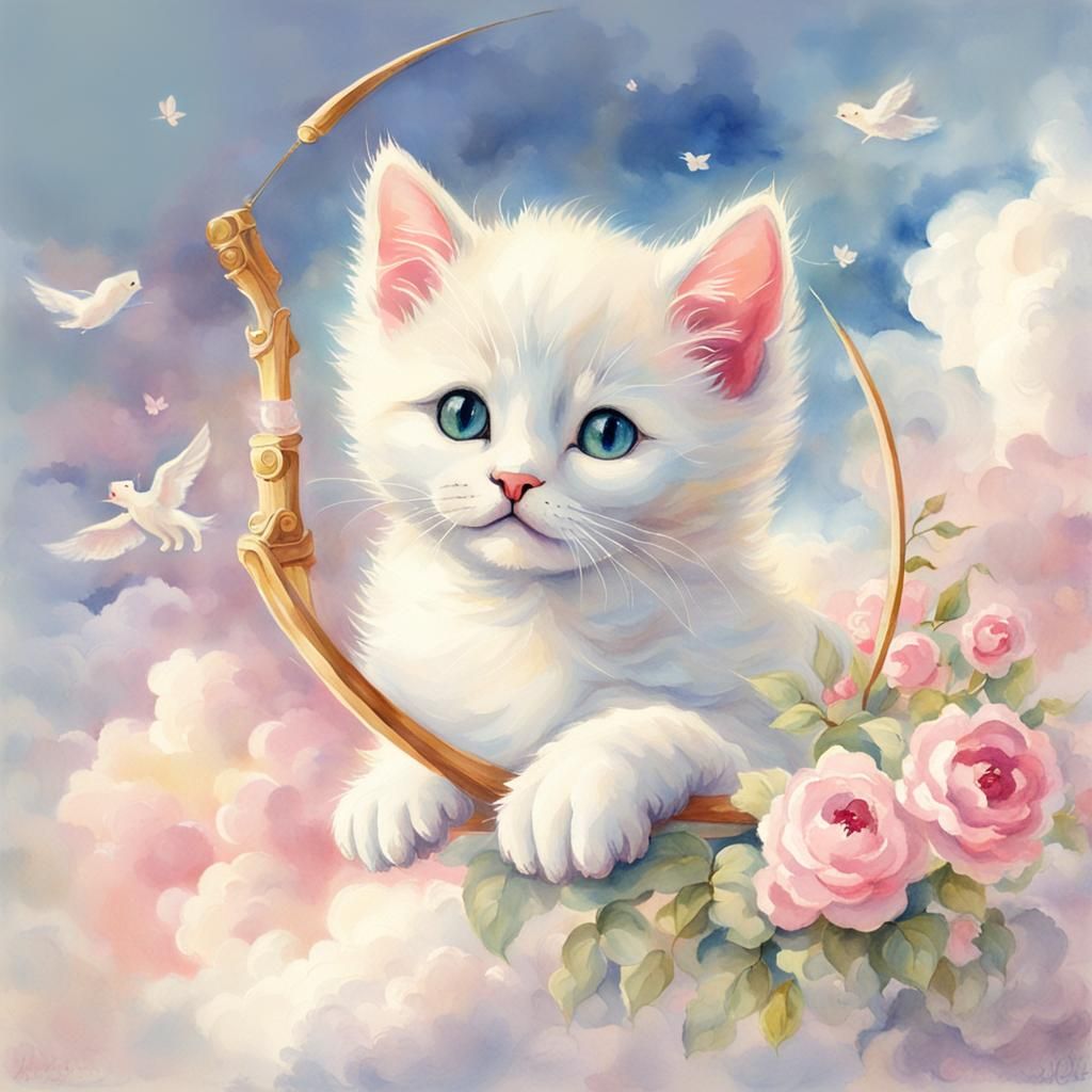 Idyllic Cupid Kitten Amidst Vintage Floral Whimsy