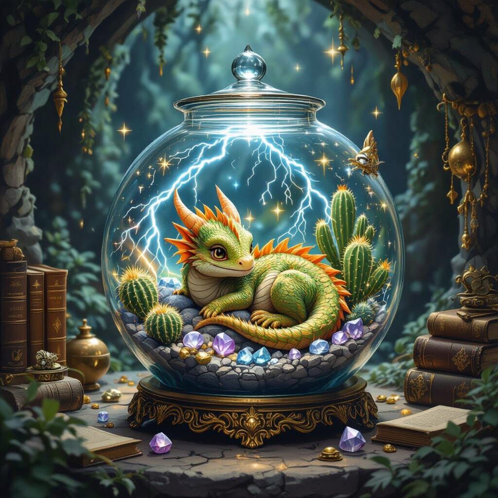 Baby Dragon in Terrarium, Mystical Grotto Scene