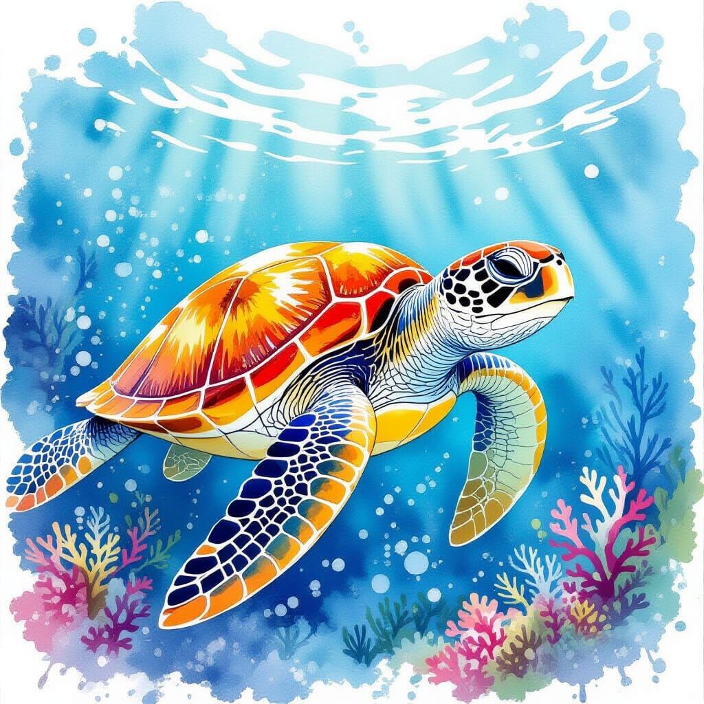 Sea Turtle Swimming in Watercolor Style