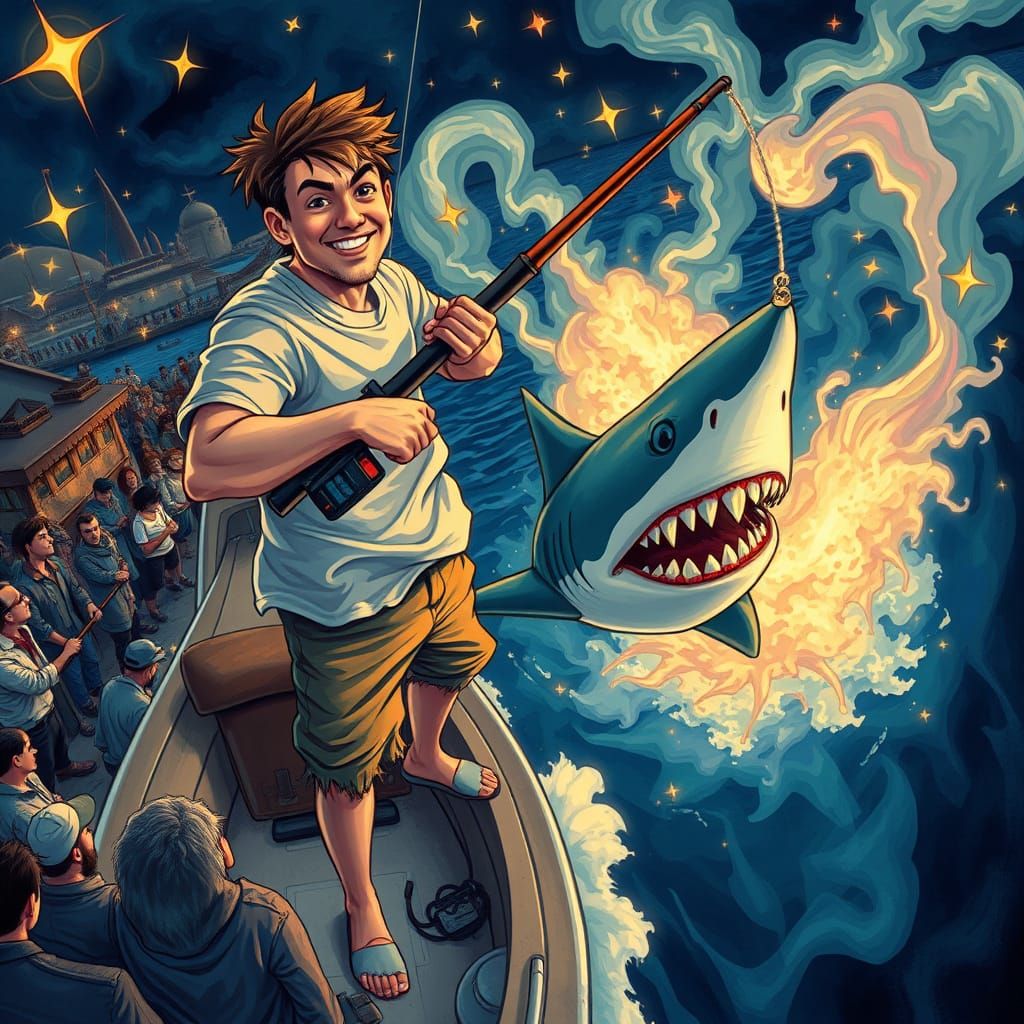 Whimsical Shark Fishing in Sydney Harbour Illustration