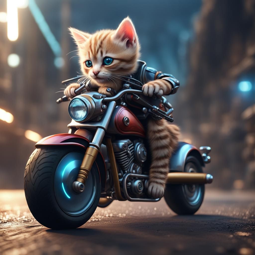 Fantastical Feline Rider on a Sleek Motorcycle in Deep Color