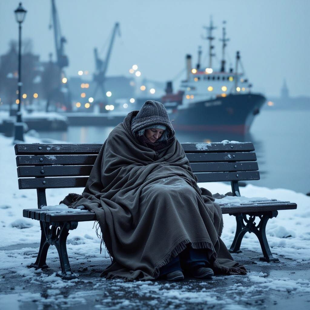 Homeless Woman Sleeps as Ship Docks: Gritty Realism