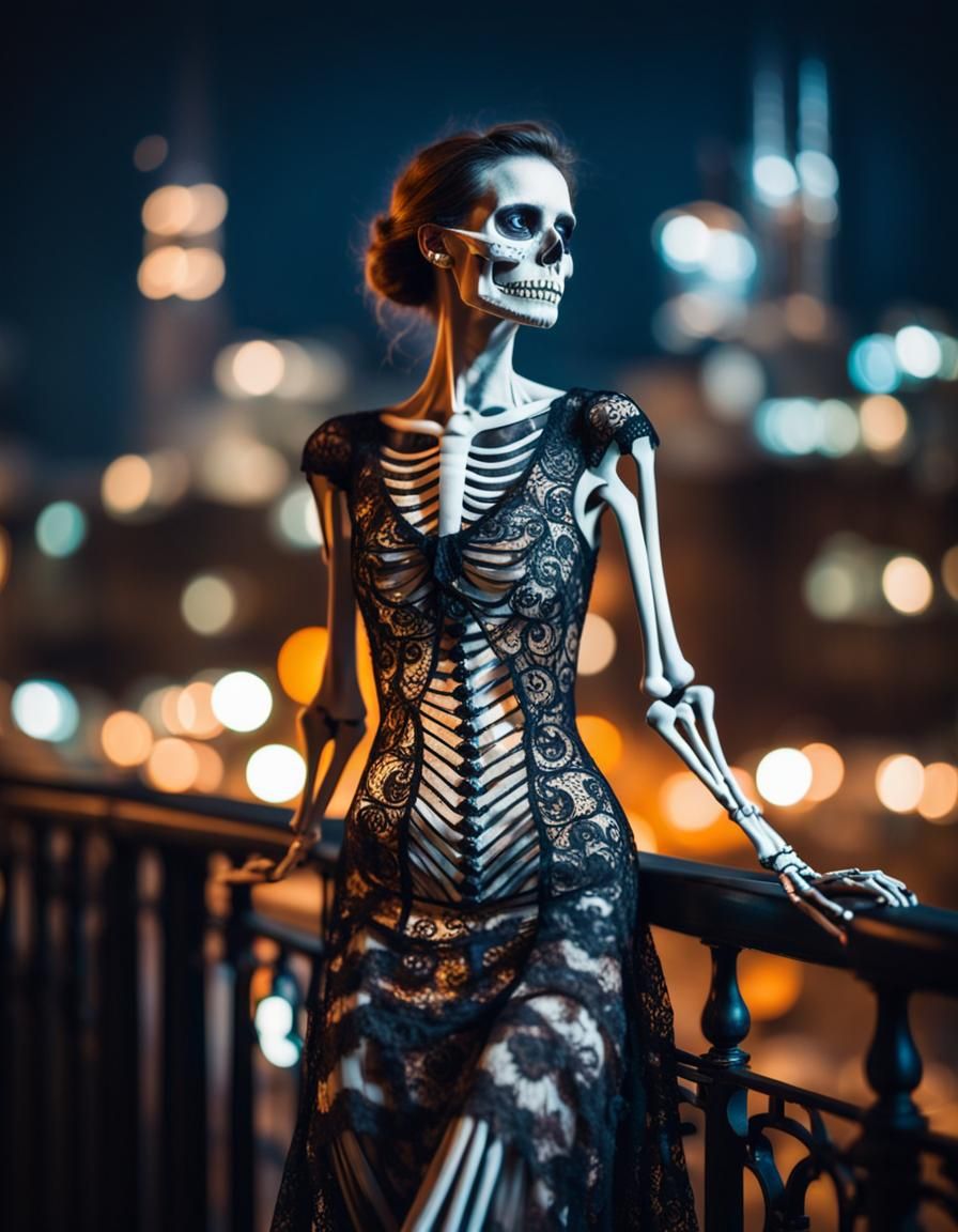 Ethereal Woman in Ancient Lace Stands Amidst Modern City