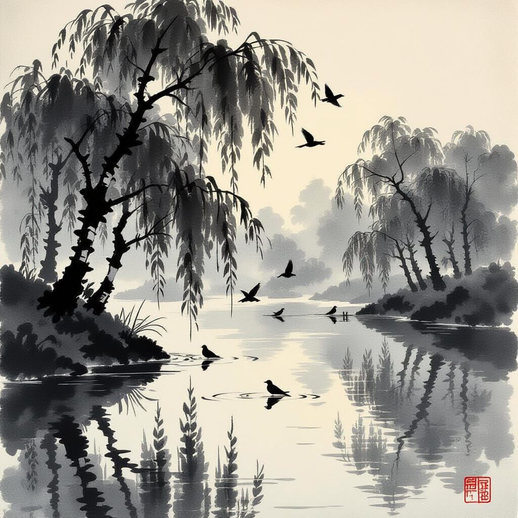 Willow Trees Reflected in Brook: Japanese Ukiyo-e Style
