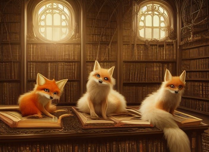 Cherubic Witch Foxes Conjure Magic in an Enchanting Library