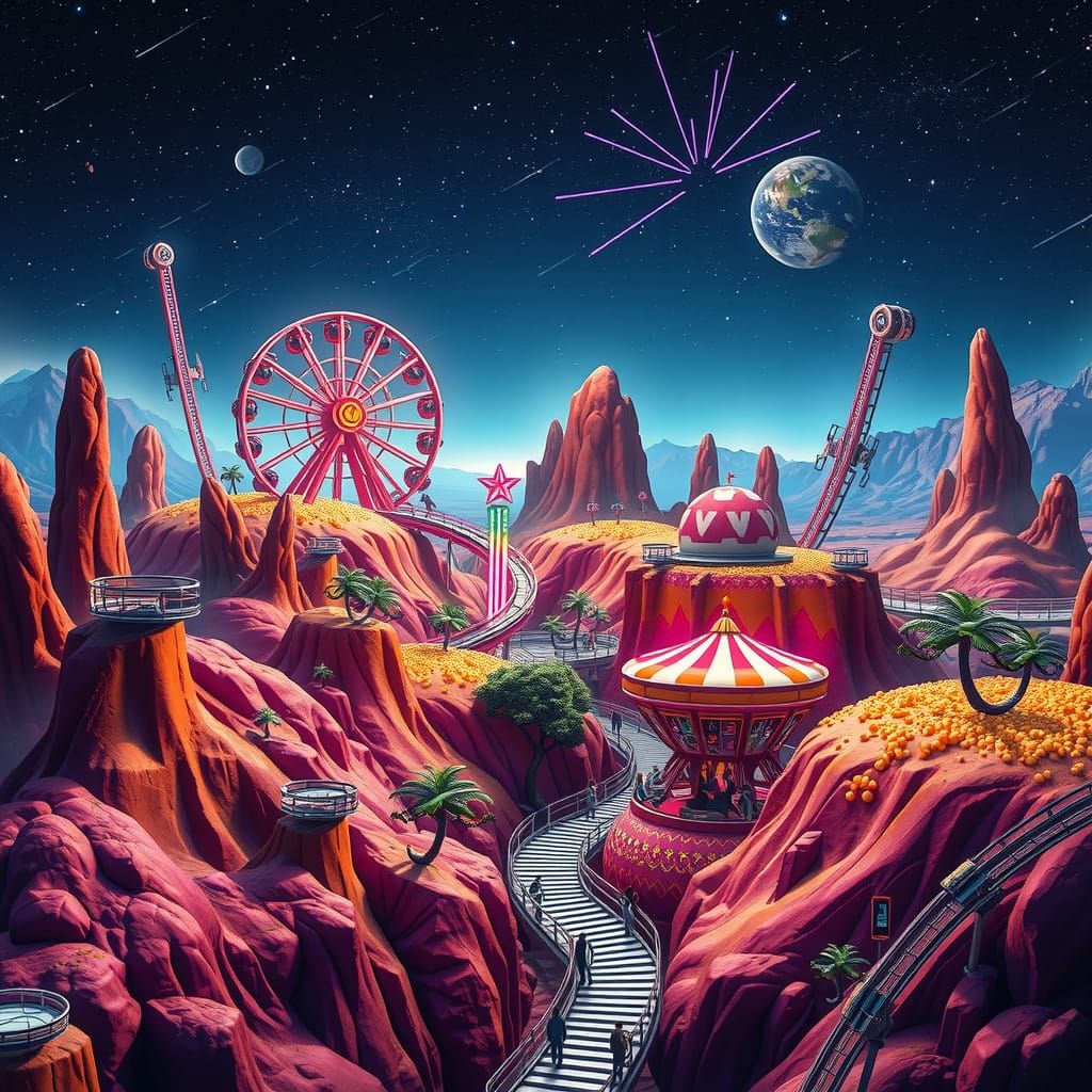 Amusement park nestled on the vibrant, alien terrain of an o...