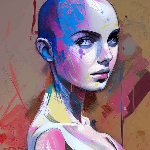 Bald Girl Portrait in Art Deco Pop Art Style