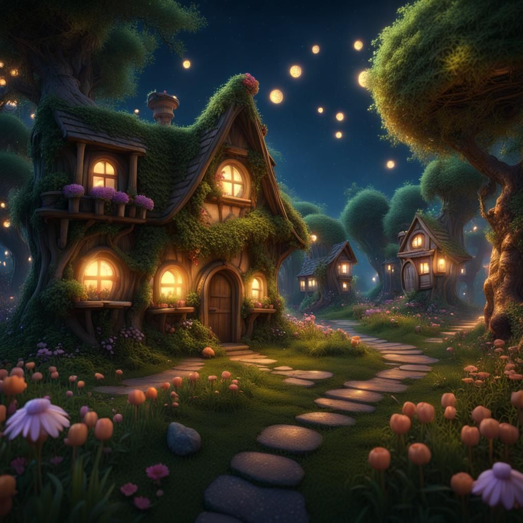Enchanted Village under Starlit Blooms
