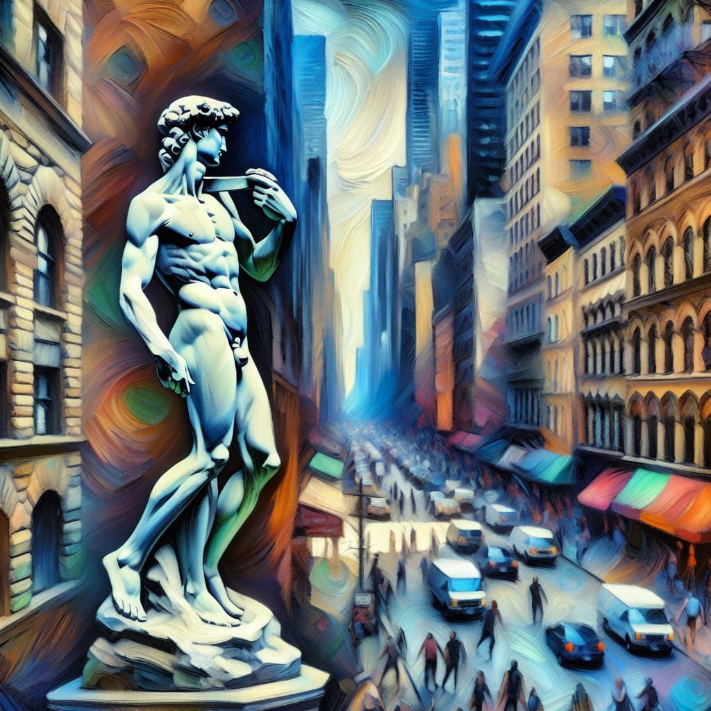 Michelangelo's David Walks in New York City in Expressionist...