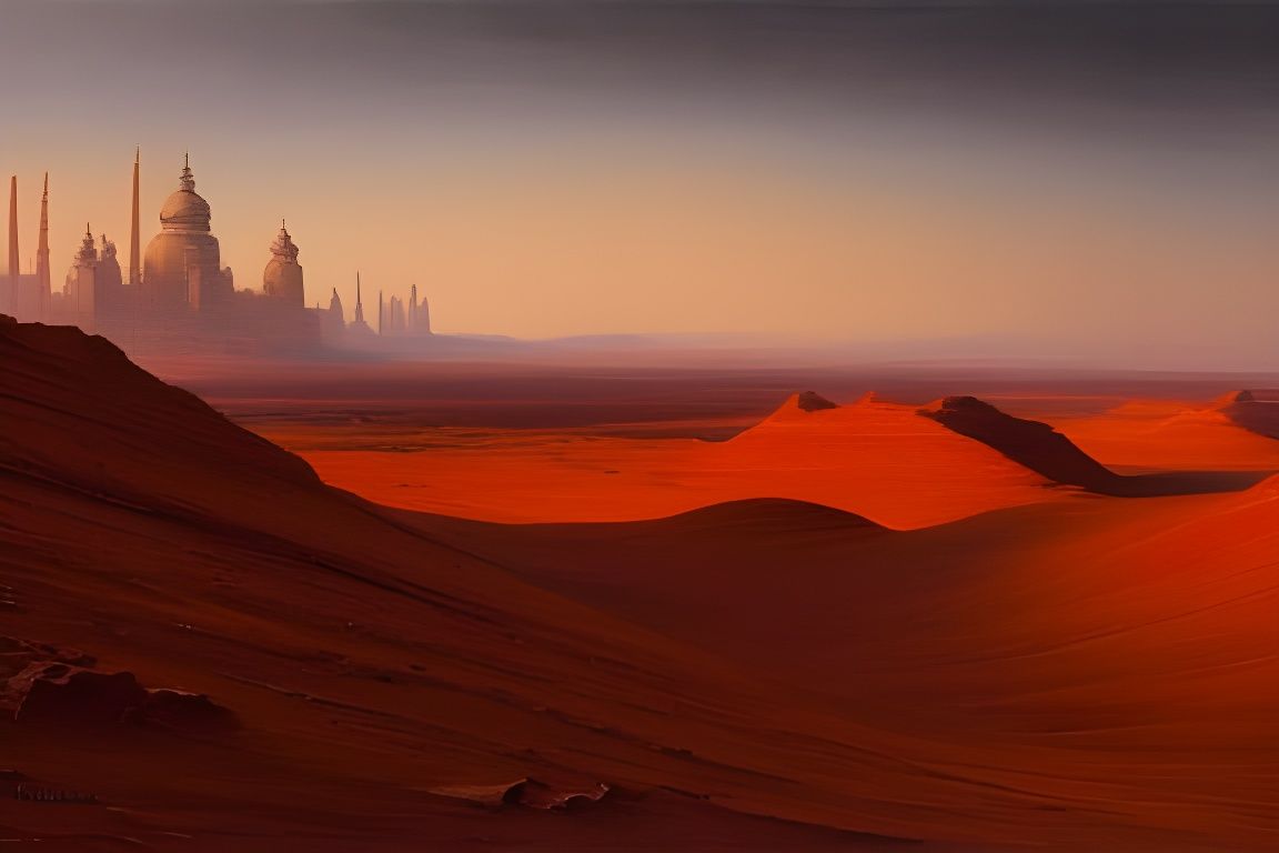 Surreal Barsoom Cityscape in Red-Ochre Desert