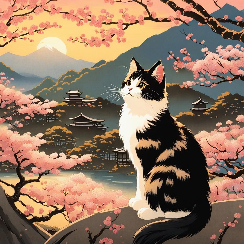Kitten in Serene Cherry Blossom Garden