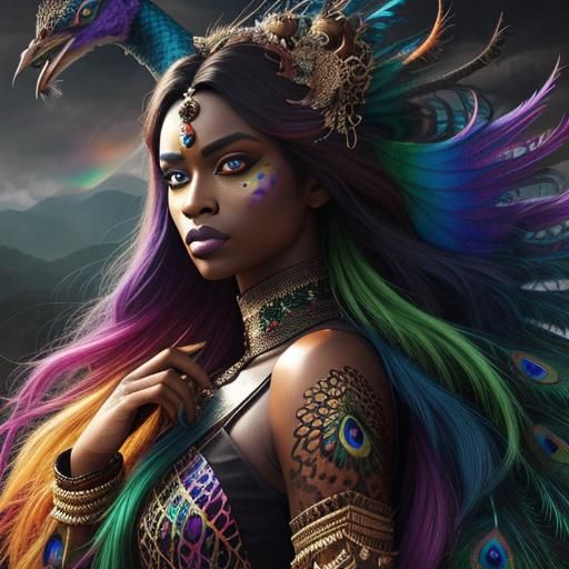 Exotic Dark Skinned Goddess Adorns Vibrant Dragon Scales wit...