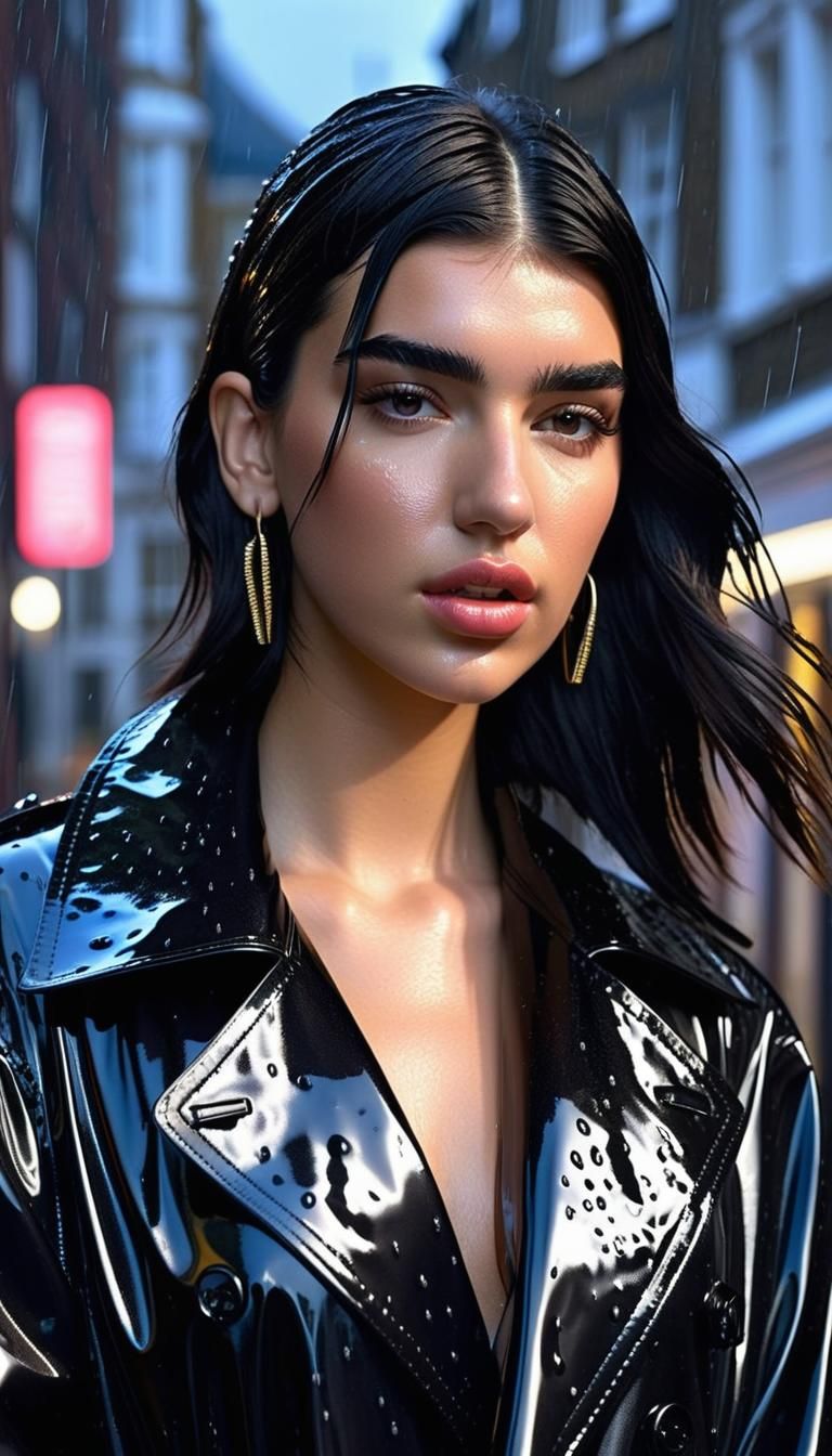 Dua Lipa in Elegant Rain-Soaked London Streets