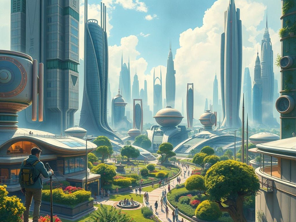 Utopian Metropolis in Vibrant, Dreamlike Style