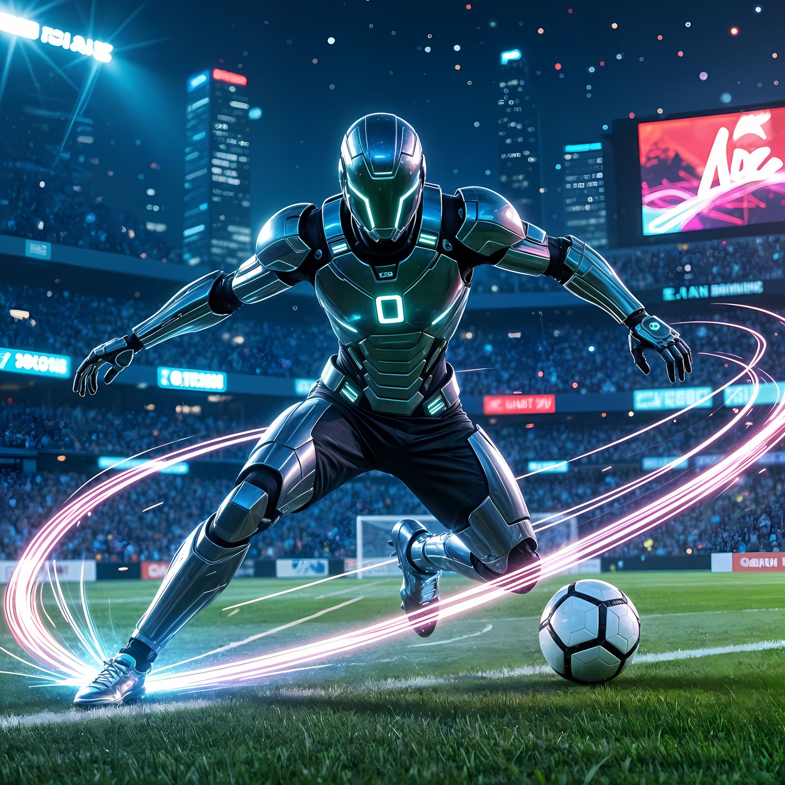 Cyborg Footballer Scores Goal with Neon Energy Trails