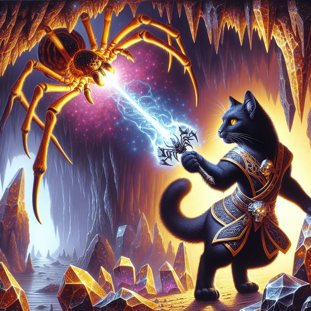 Mystical Space Warrior Cat Battles Giant Arachnid in Shimmer...