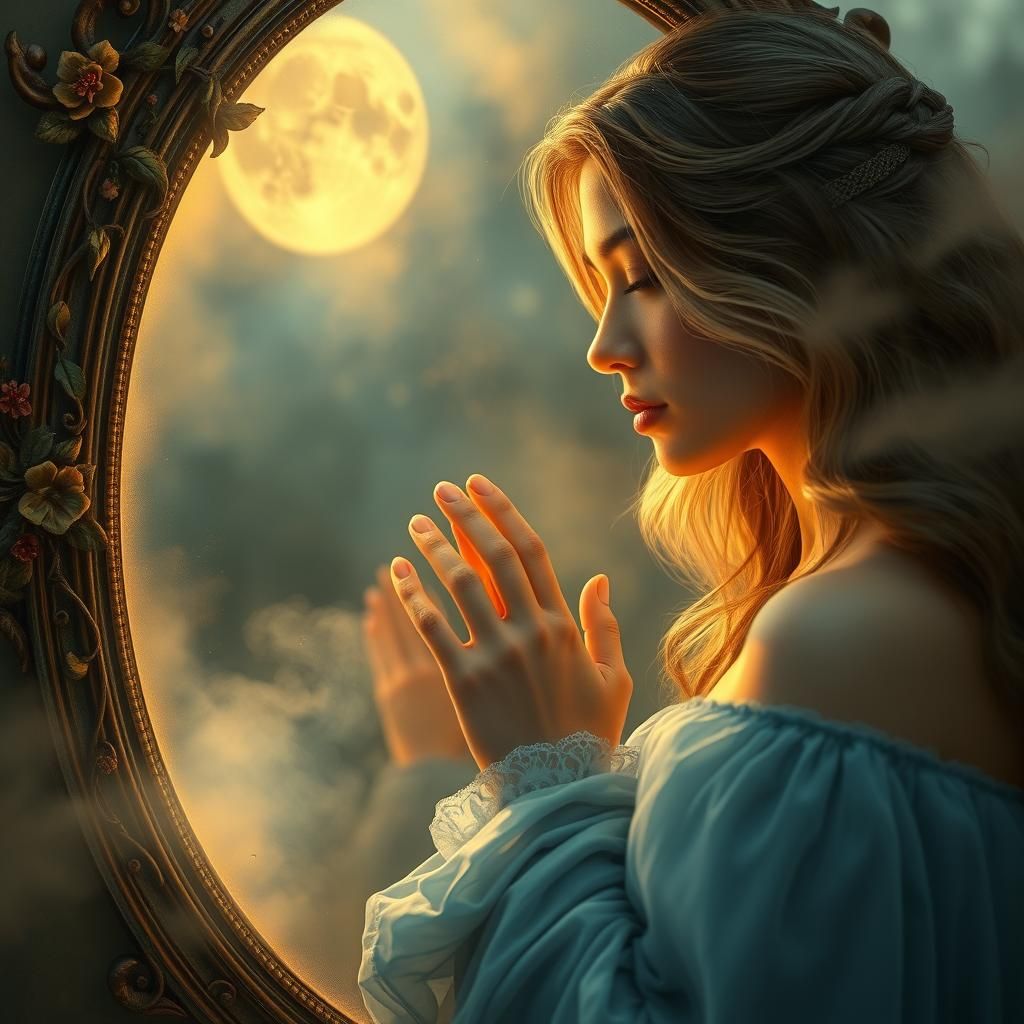 A Woman's Contemplative Reflection in an Enchanted Mirror