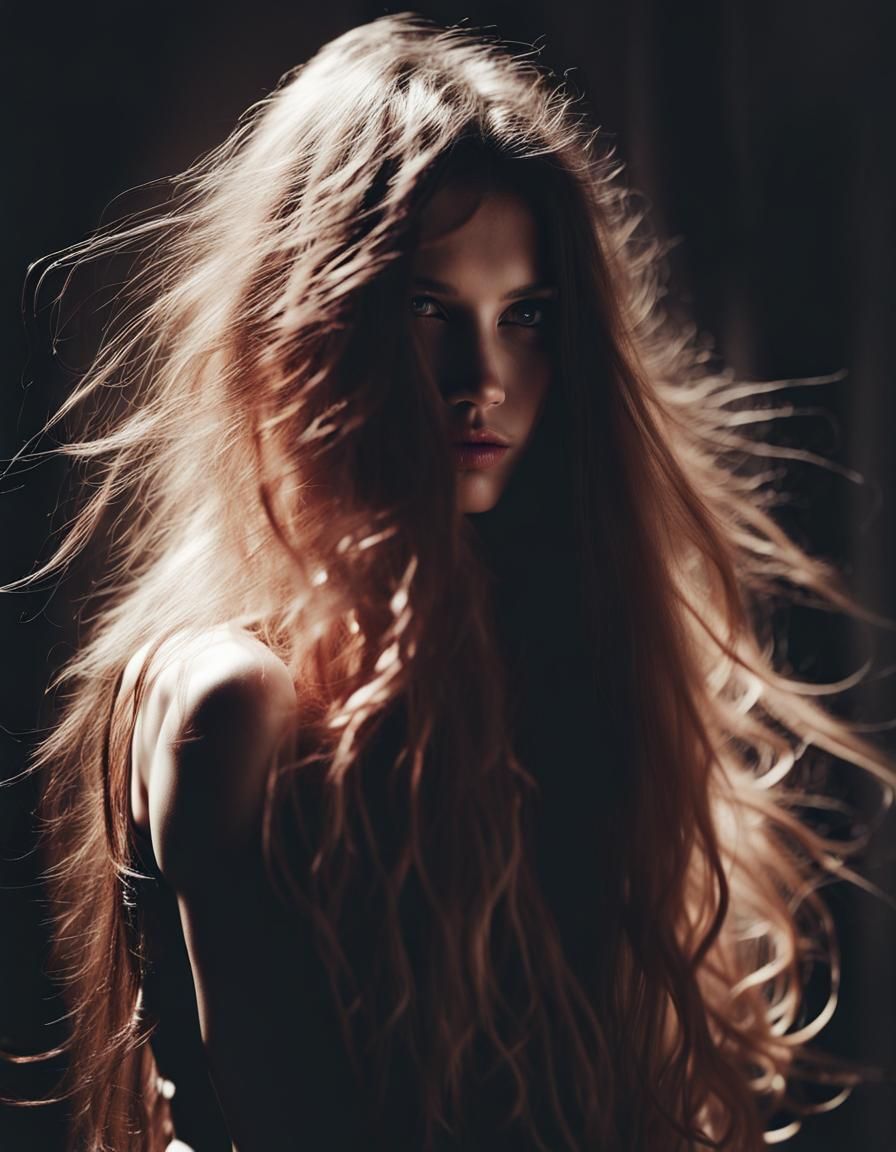 Mysterious Girl with Long Hair in Shadows