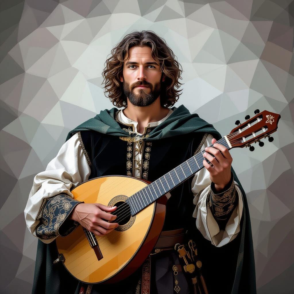 Medieval Troubadour with Guitar Lute on Polygon Background