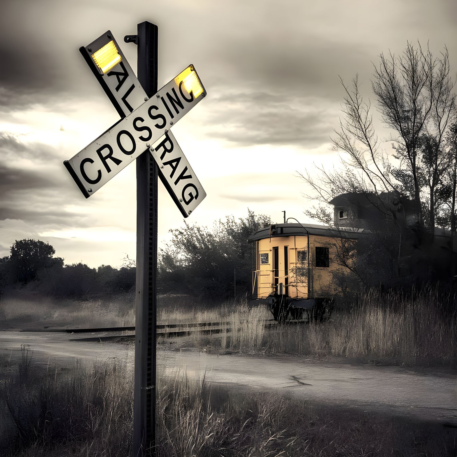 Classic Railroad Crossing Scene in Black and White