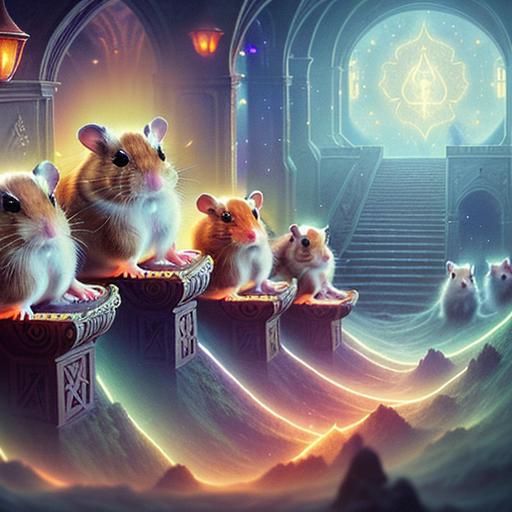 Regal, divine hamsters with glowing halos, sacred texts in t...