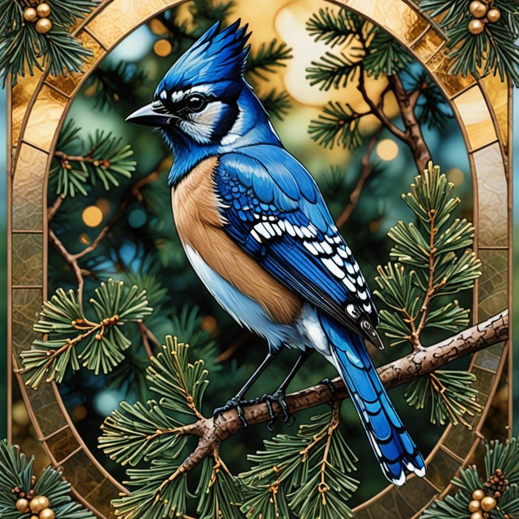 Vibrant Bluejay in Golden Evergreen Glory