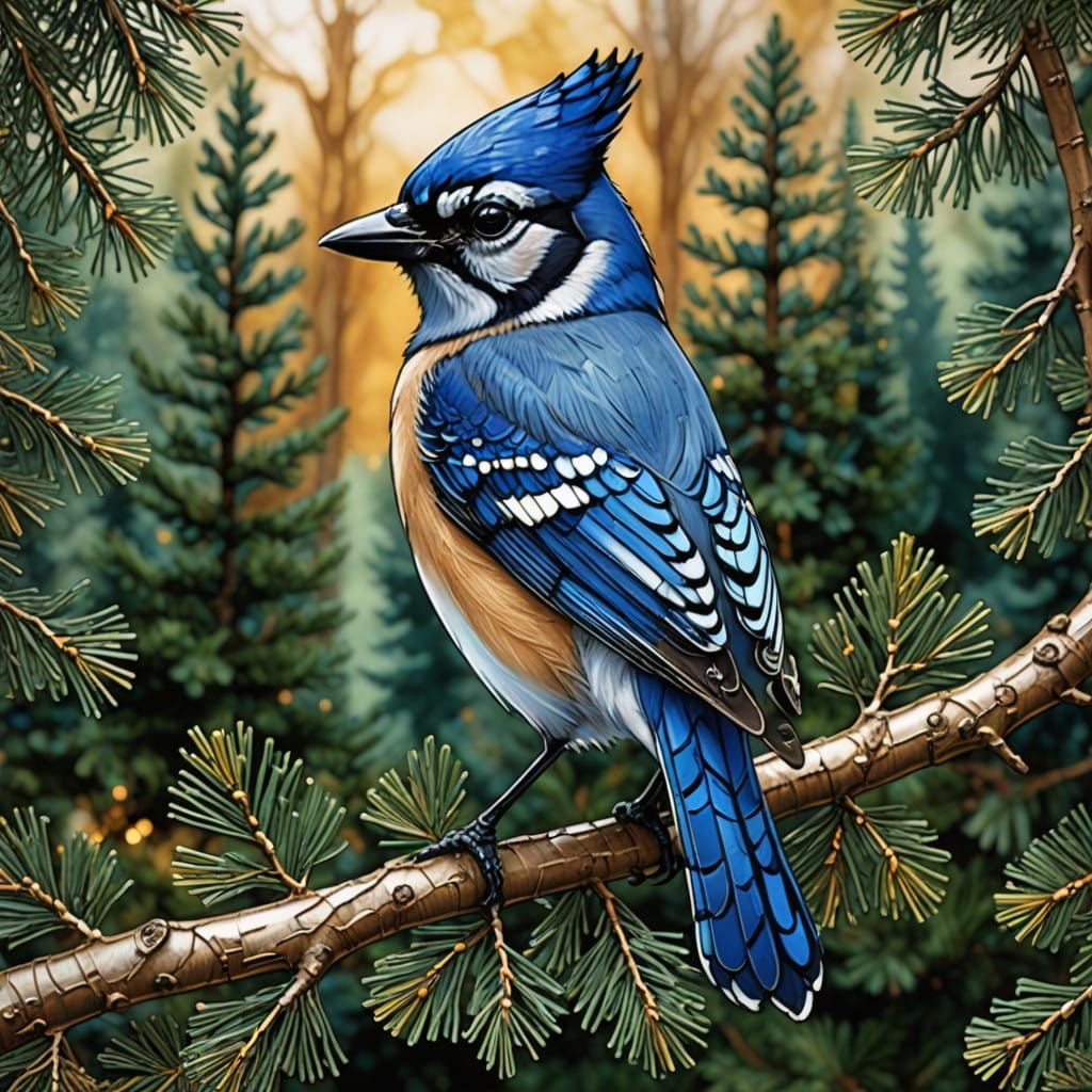 Bluejay in Majestic Evergreen Glory