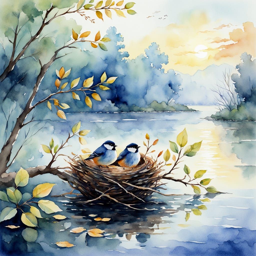 Birds Enter Serene Watercolor Nest Scene