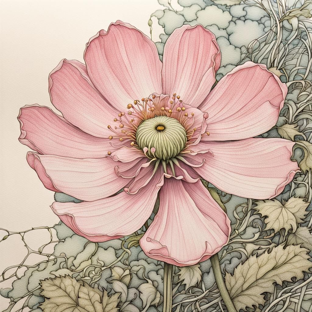 Delicate Pink Windflower Blossom in Intricate Line Work