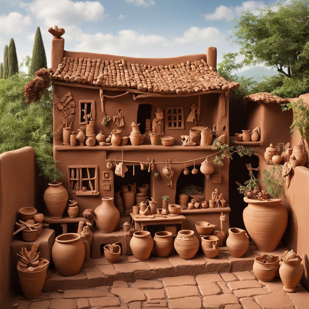 Whimsical Clay Village in Earthy Tones
