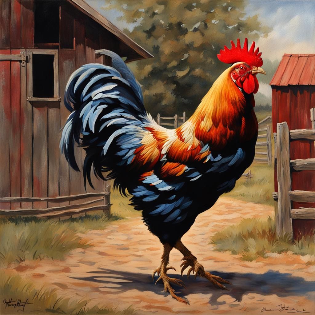 Rustic Rooster in Sunset Barnyard