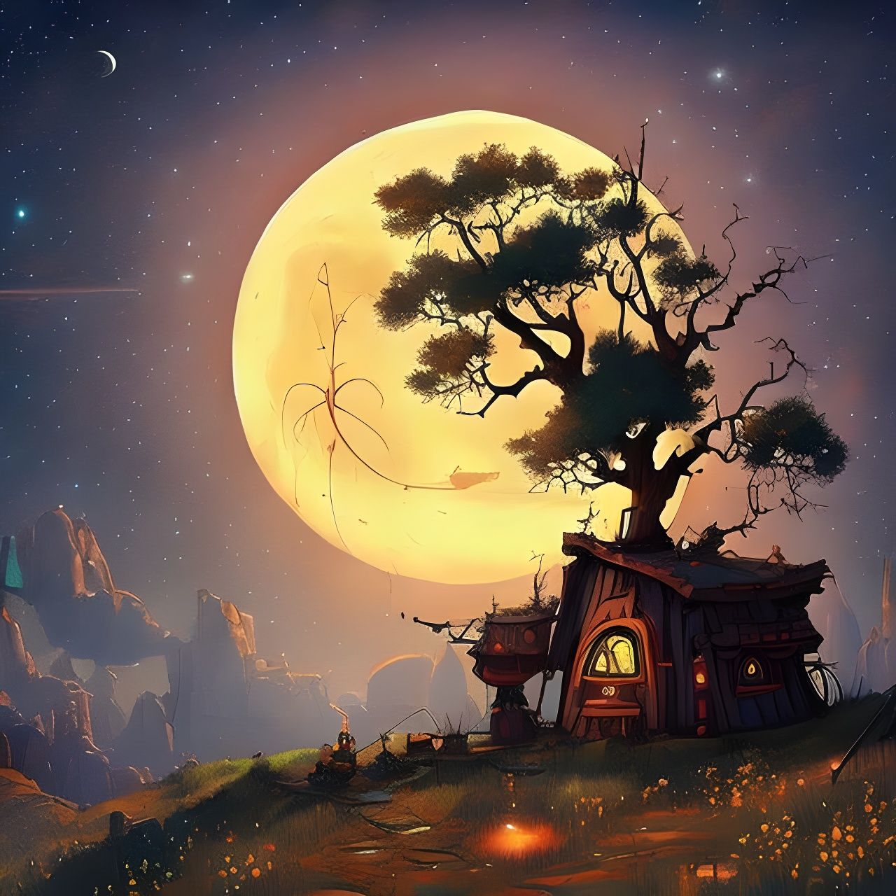 Whimsical Treehouse in a Galactic Oasis