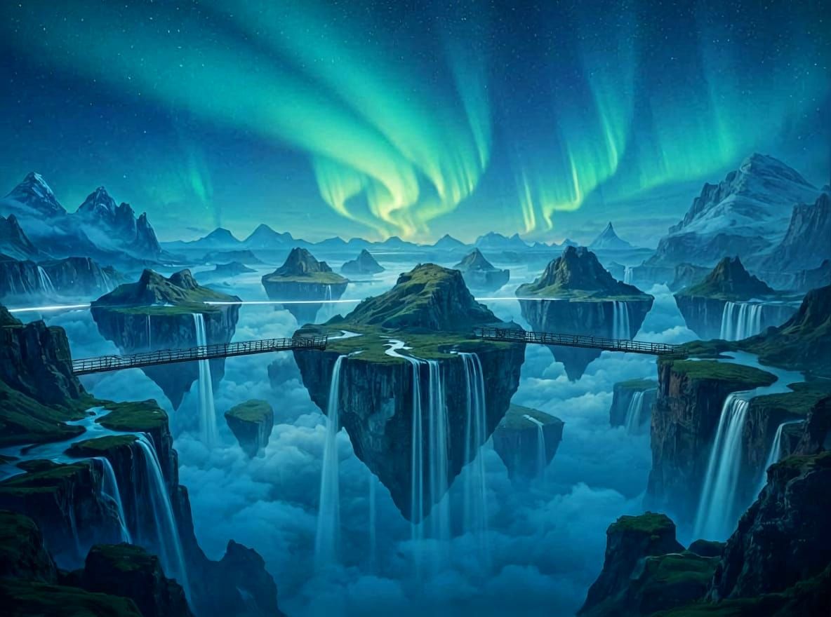 Floating Islands Under Aurora Borealis