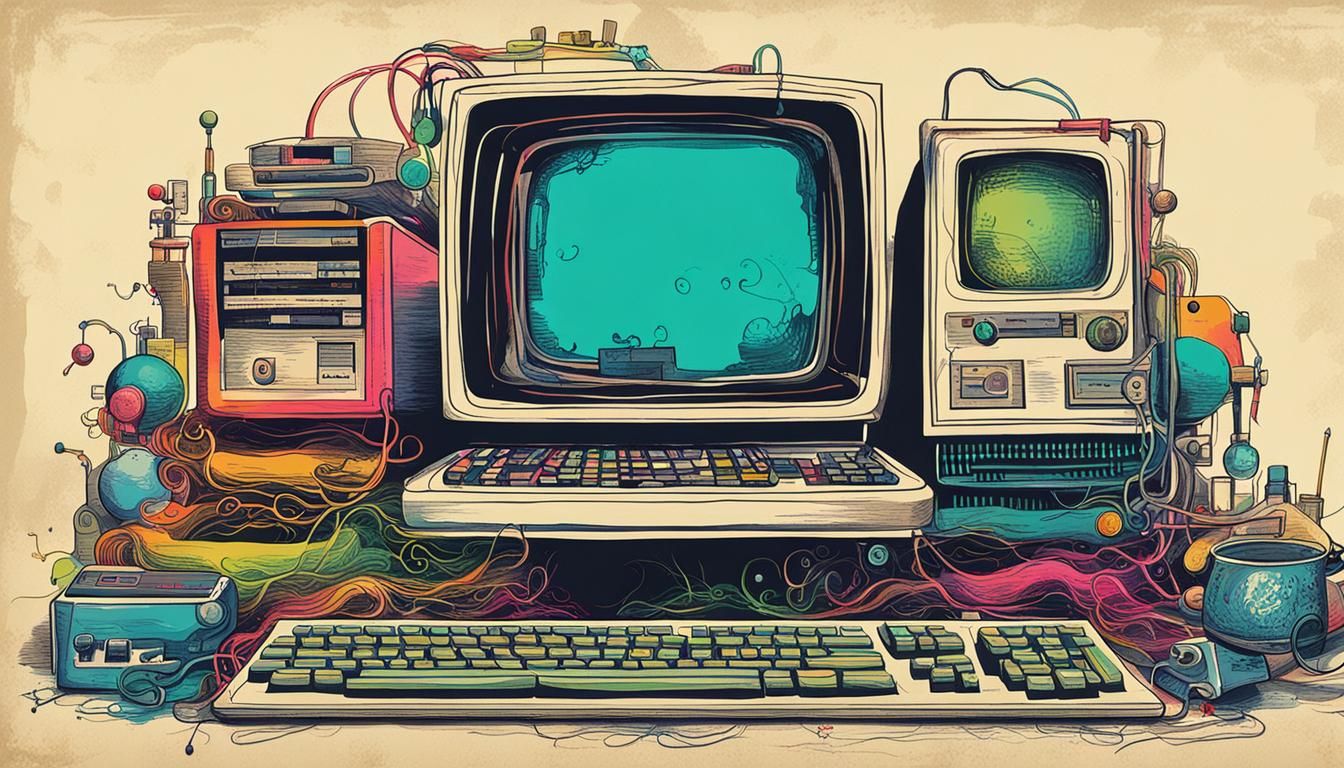 Whimsical Retro Computer Technology Artwork in Vibrant Color
