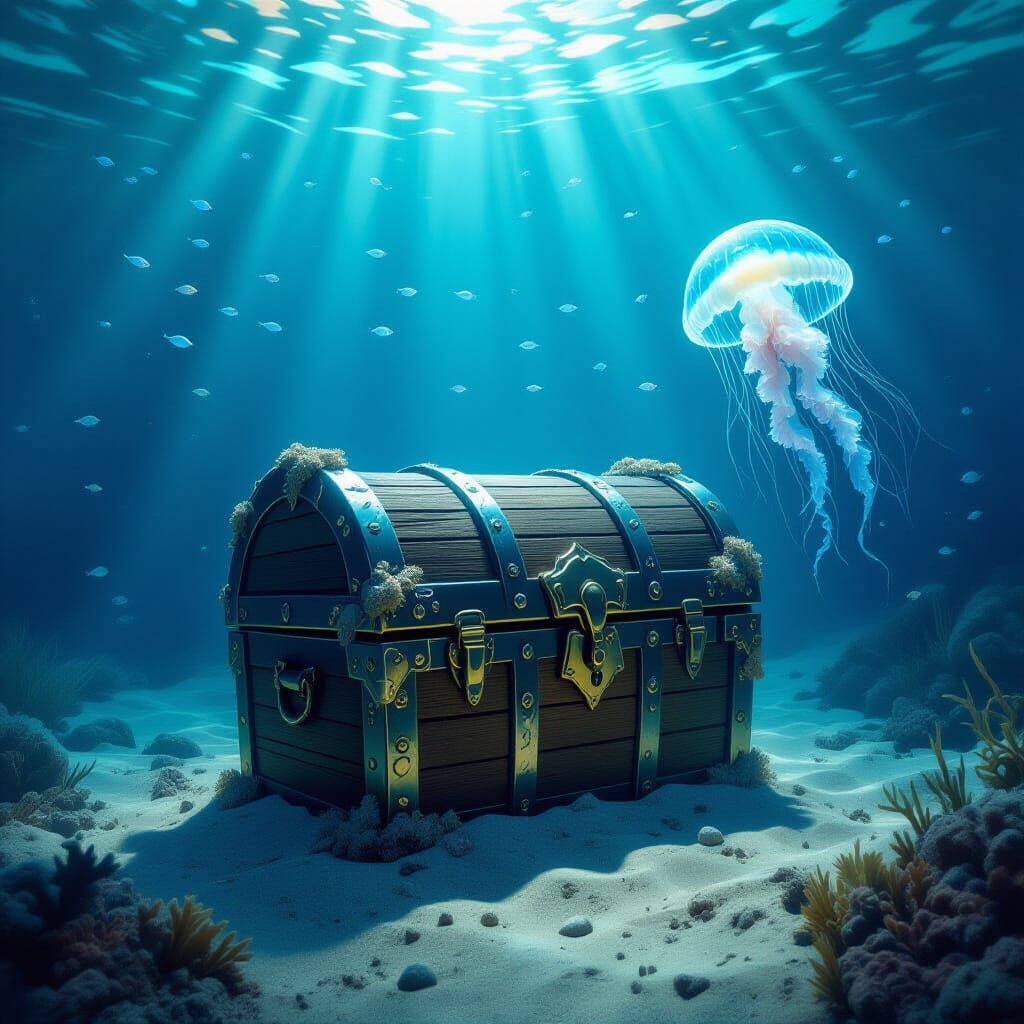 Sunken Treasure Chest in Bioluminescent Ocean