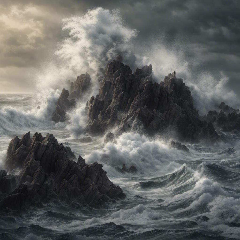 Rough sea with waves crashing on dark sharp rocks. Evening light.