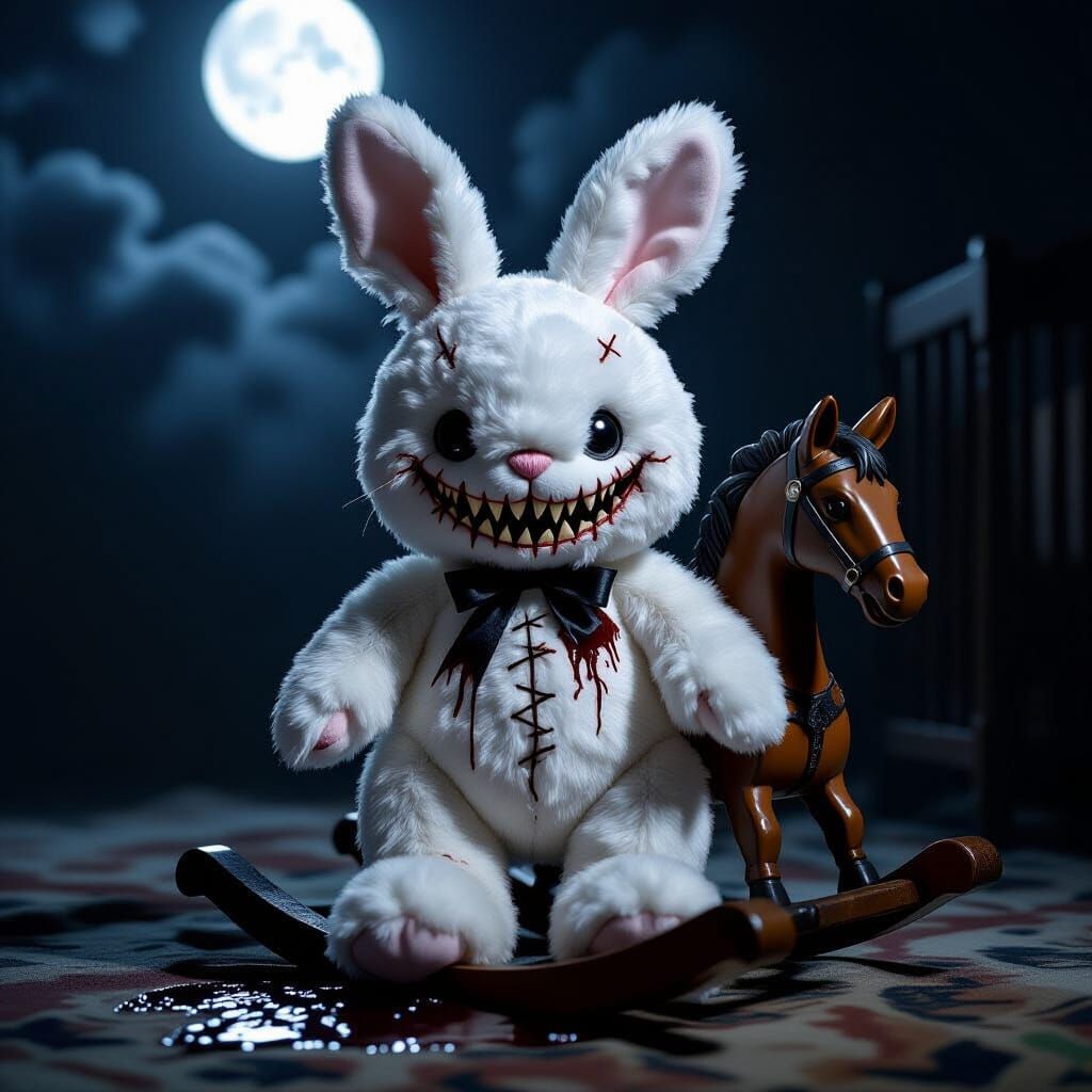 Gothic Bunny Plush Toy on Rocking Horse