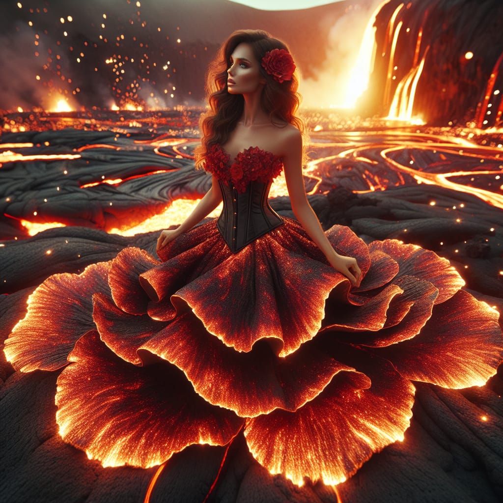 Sultry Goddess Ignites Lava Landscape in Vibrant Golden Hour
