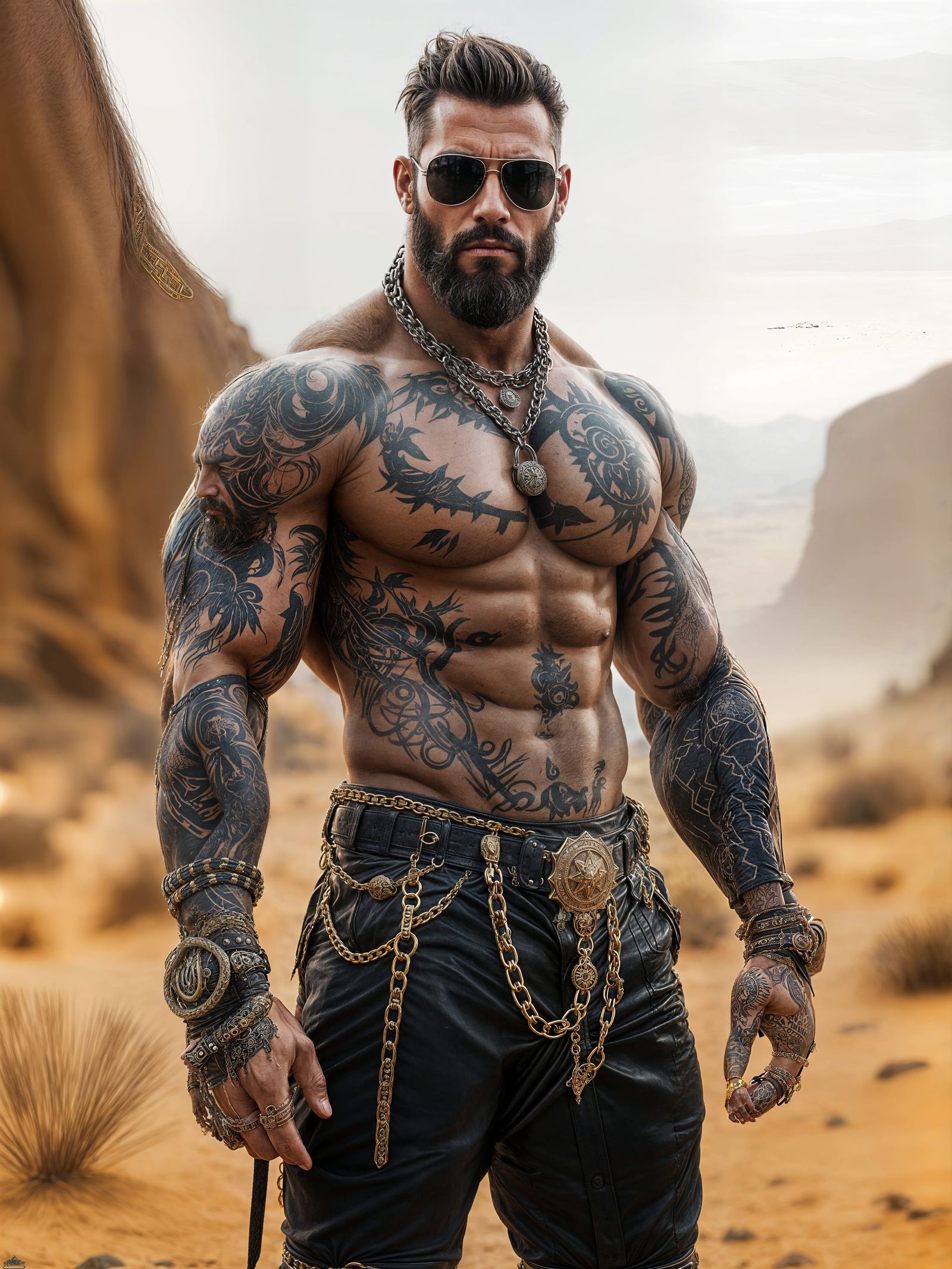 Tattooed Man with Beard in Desert Landscape