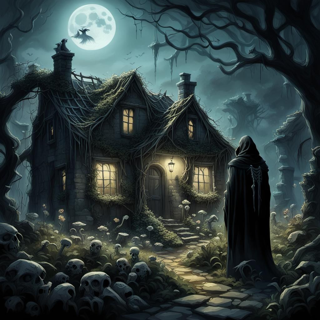 Whimsical Cottage Amidst a Haunting Garden Scene