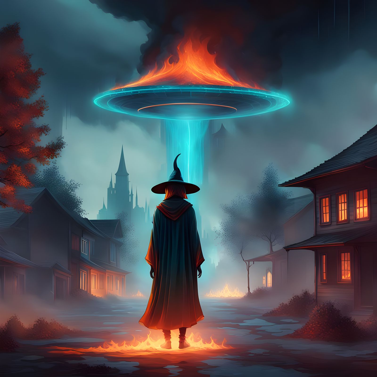 Dark Mystical Witch Surrounded by Burning Cityscape