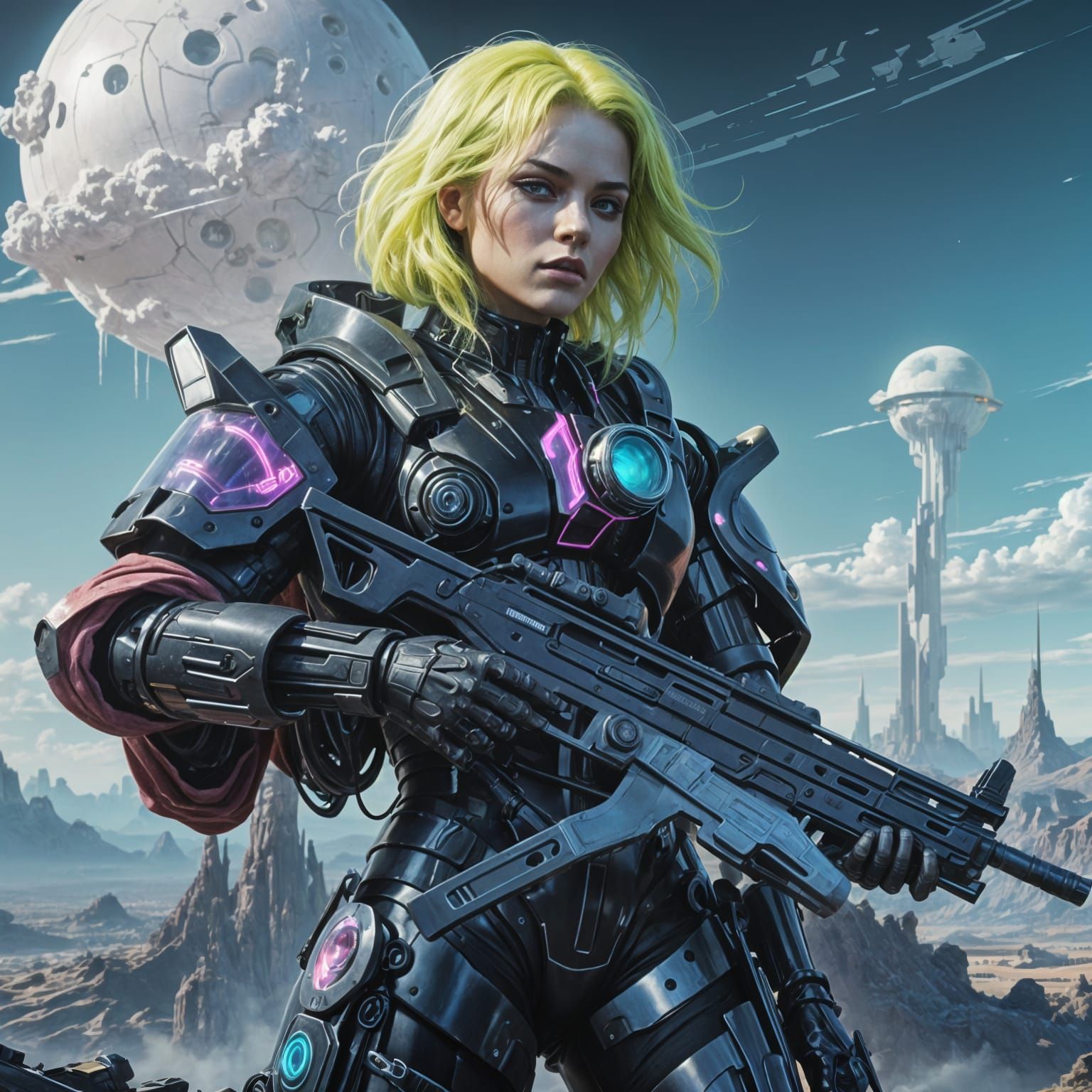 Cyber Soldier in Neon-Lit Exosuit Amidst Iridescent Architec...