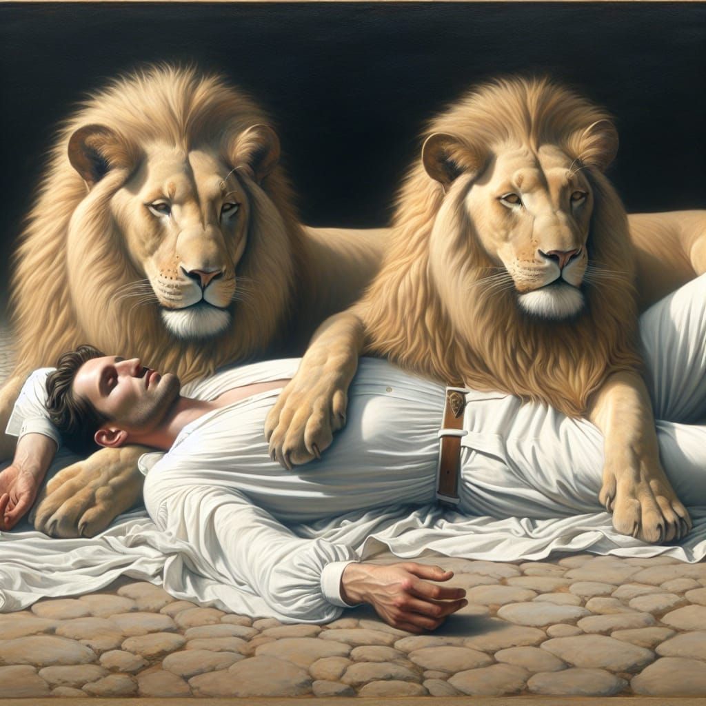 Three Lions Sit Serenely on a Reclined Man's Chest in an Oil...