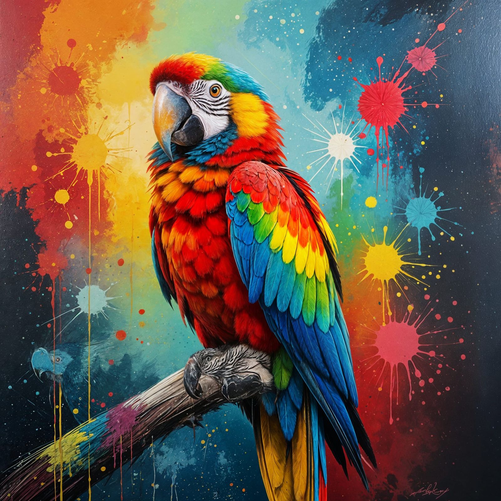 Vivid Macaw Parrot Amidst Abstract Splatter Paint